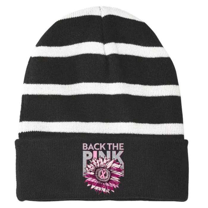 Back The Pink Breast Cancer Awareness Sunflower Ribbon Striped Beanie with Solid Band