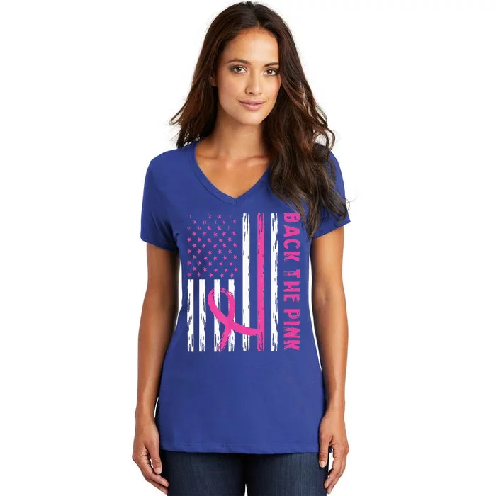 Back The Pink Ribbon Flag Breast Cancer Warrior Women's V-Neck T-Shirt