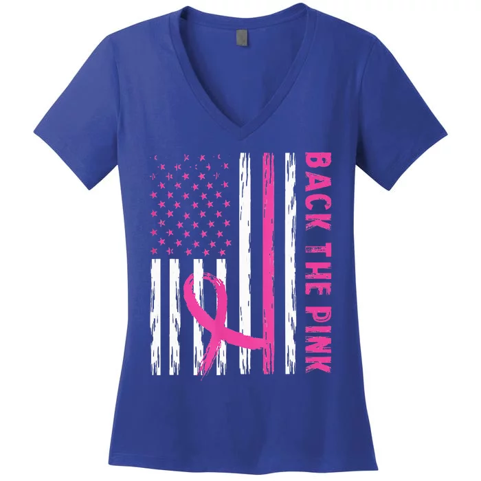 Back The Pink Ribbon Flag Breast Cancer Warrior Women's V-Neck T-Shirt