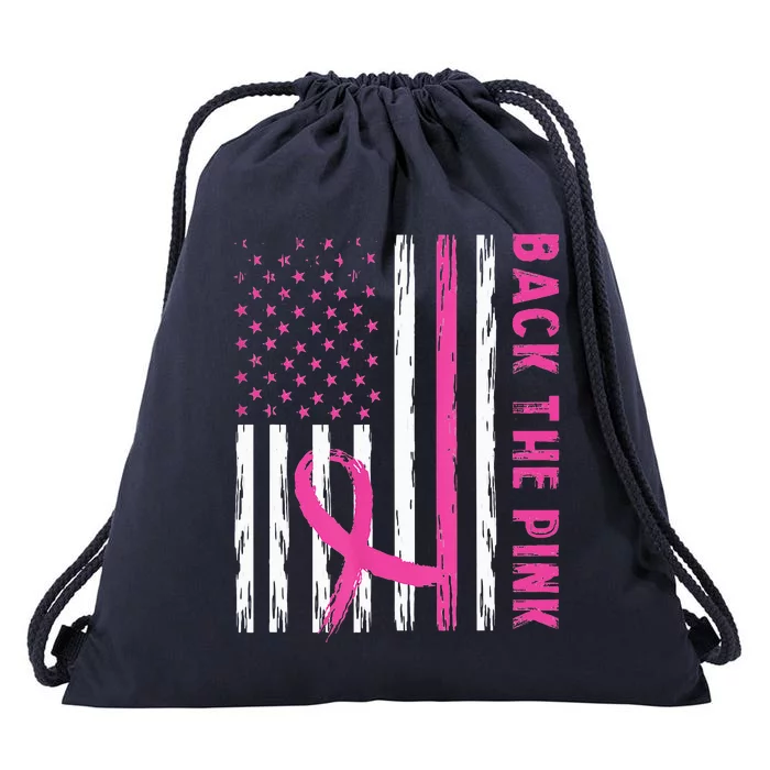 Back The Pink Ribbon Flag Breast Cancer Warrior Drawstring Bag