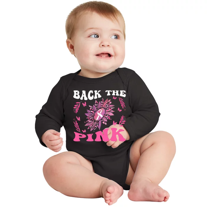 Back The Pink Ribbon Groovy Breast Cancer Awareness Baby Long Sleeve Bodysuit