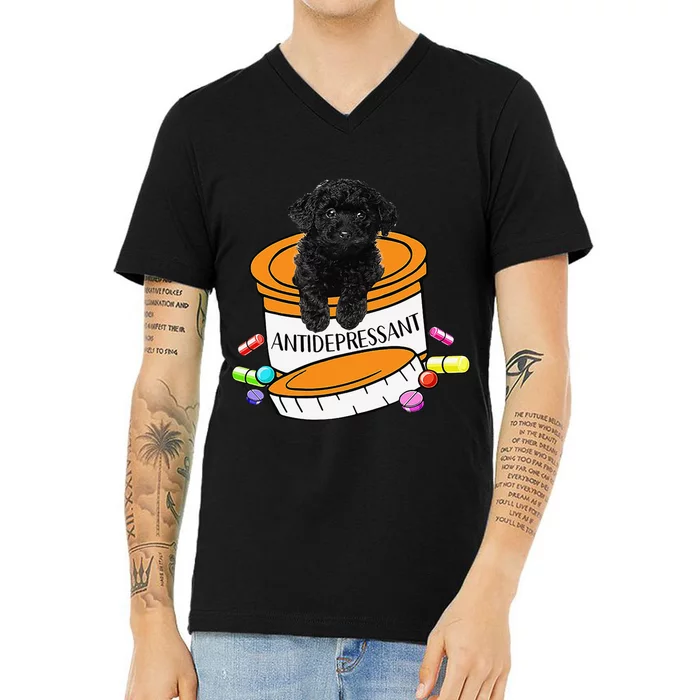 Black Toy Poodle Antidepressant V-Neck T-Shirt