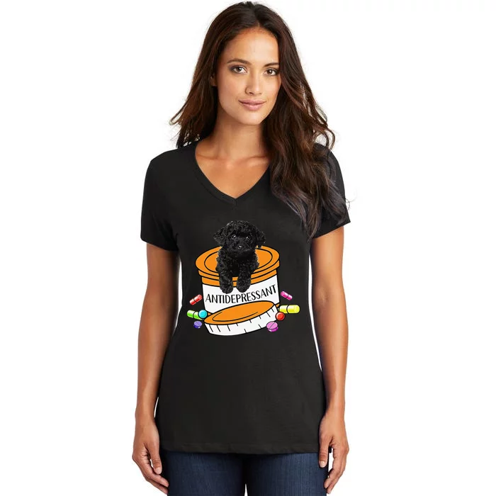 Black Toy Poodle Antidepressant Women's V-Neck T-Shirt