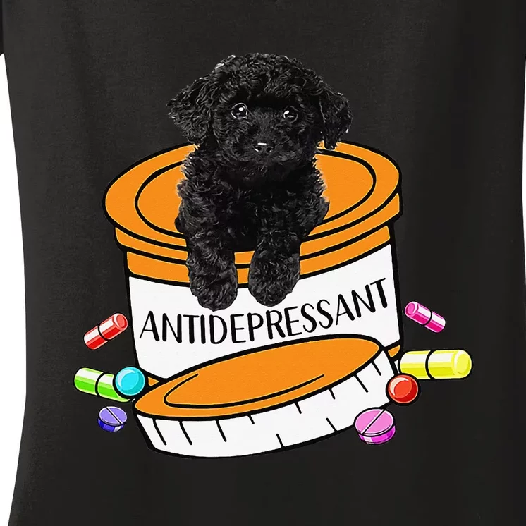 Black Toy Poodle Antidepressant Women's V-Neck T-Shirt