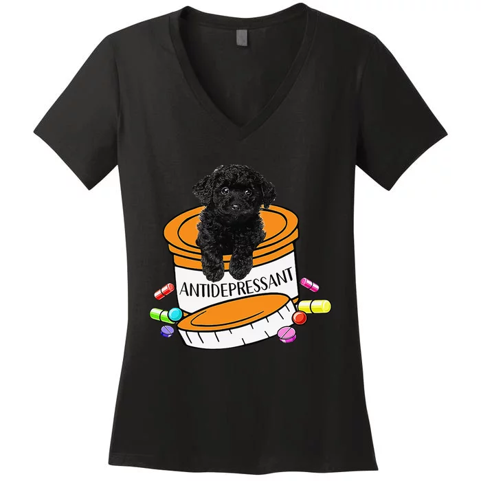 Black Toy Poodle Antidepressant Women's V-Neck T-Shirt