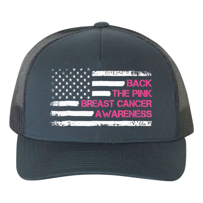 Back The Pink American Flag Breast Cancer Awareness Vintage Yupoong Adult 5-Panel Trucker Hat