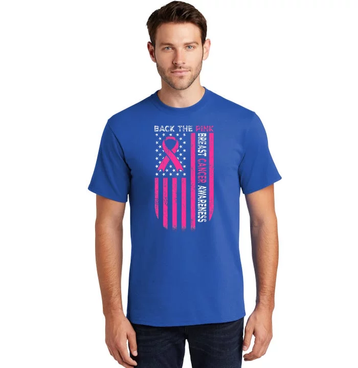 Back The Pink Ribbon American Flag Breast Cancer Awareness Tall T-Shirt