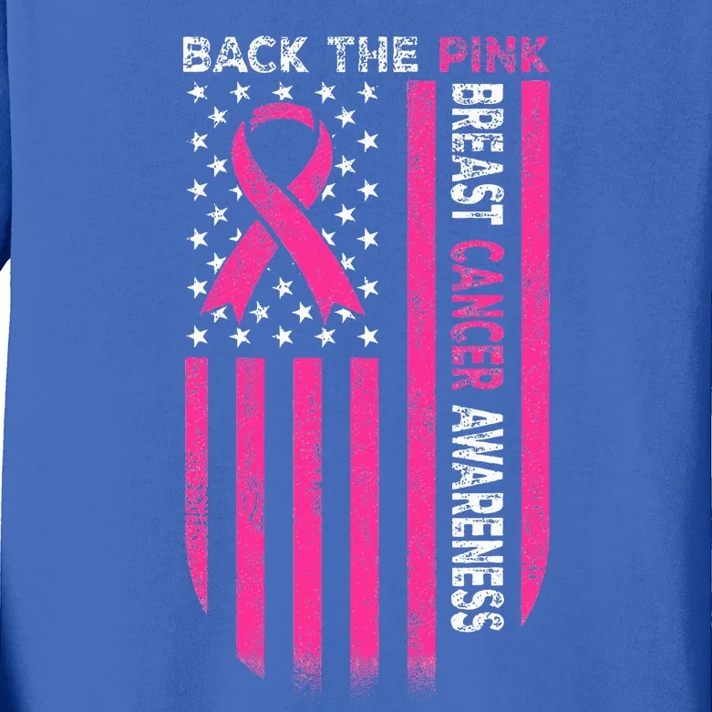 Back The Pink Ribbon American Flag Breast Cancer Awareness Kids Long Sleeve Shirt