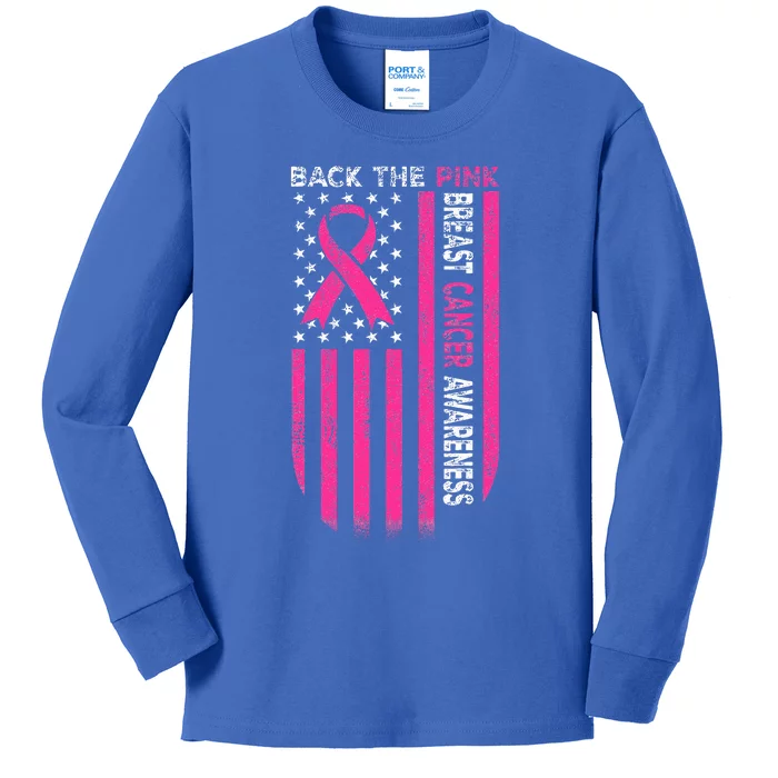 Back The Pink Ribbon American Flag Breast Cancer Awareness Kids Long Sleeve Shirt