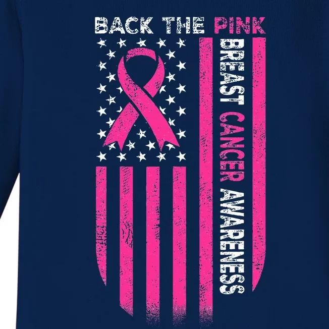 Back The Pink Ribbon American Flag Breast Cancer Awareness Baby Long Sleeve Bodysuit