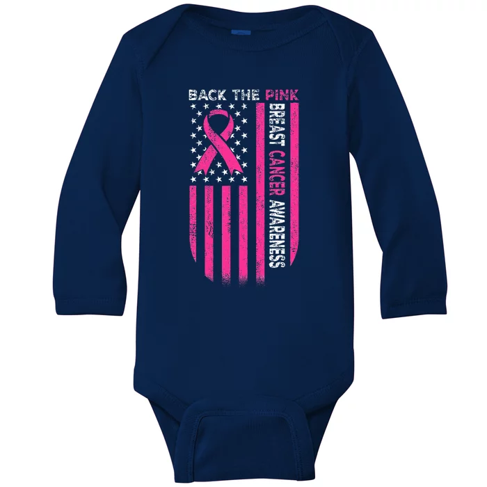 Back The Pink Ribbon American Flag Breast Cancer Awareness Baby Long Sleeve Bodysuit