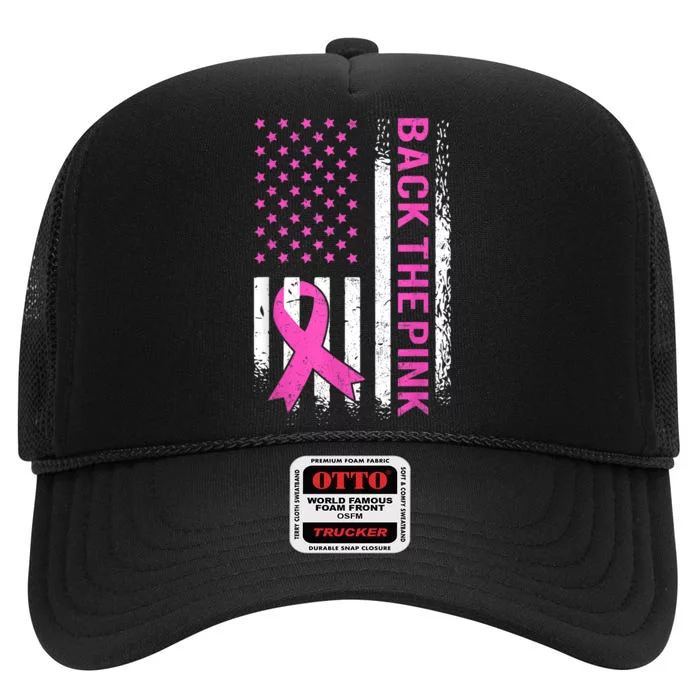 Back The Pink Breast Cancer Awareness American US Flag High Crown Mesh Trucker Hat