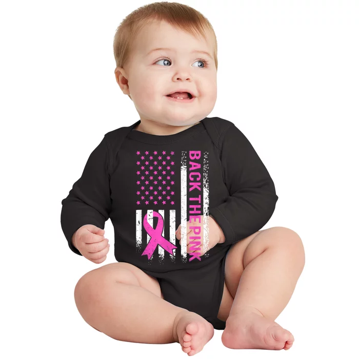 Back The Pink Breast Cancer Awareness American US Flag Baby Long Sleeve Bodysuit