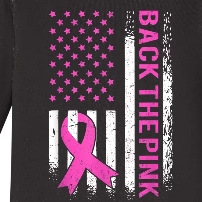 Back The Pink Breast Cancer Awareness American US Flag Baby Long Sleeve Bodysuit