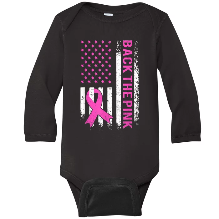 Back The Pink Breast Cancer Awareness American US Flag Baby Long Sleeve Bodysuit