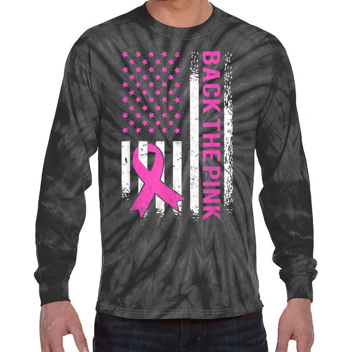 Back The Pink Breast Cancer Awareness American US Flag Tie-Dye Long Sleeve Shirt