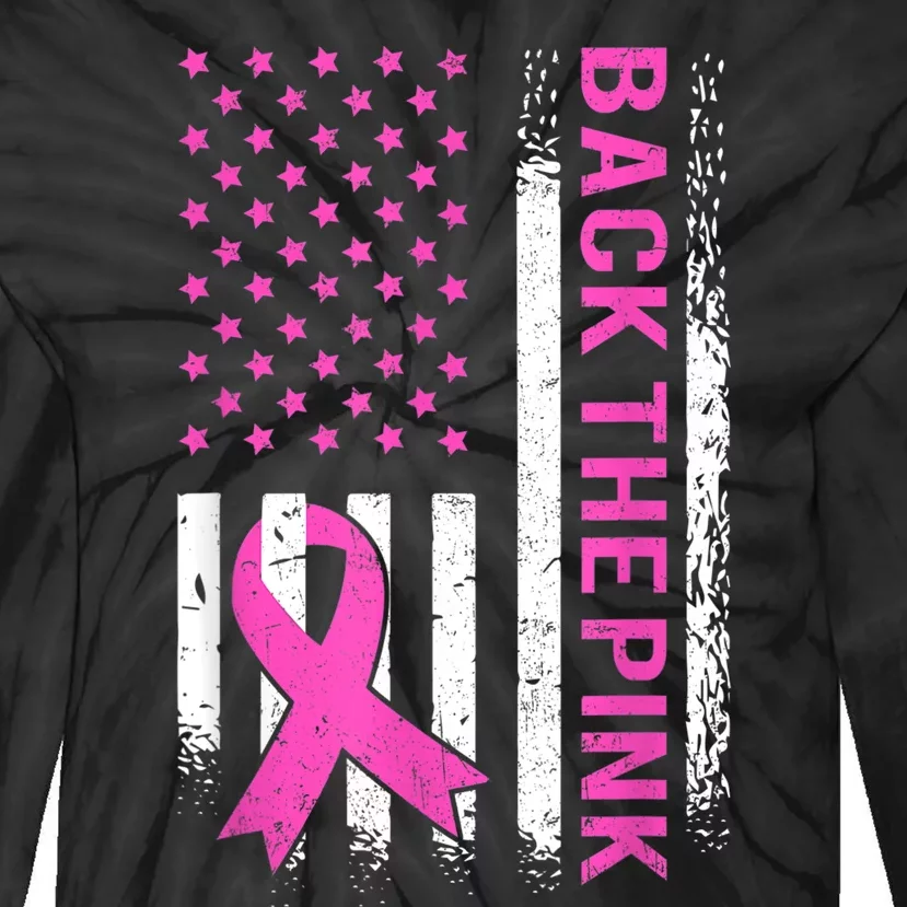 Back The Pink Breast Cancer Awareness American US Flag Tie-Dye Long Sleeve Shirt