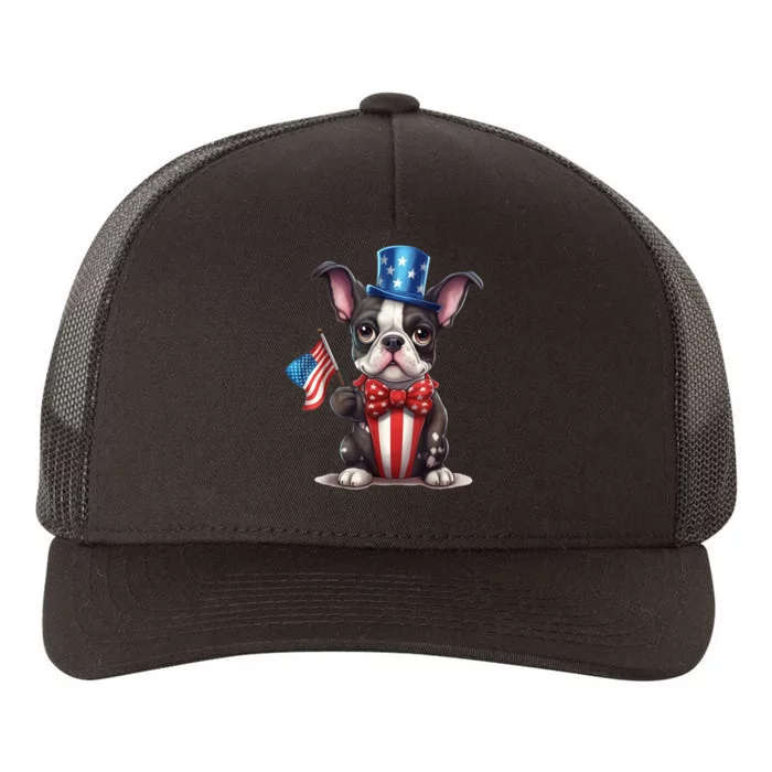 Boston Terrier Puppy Dog Holds His American Flag 4th Of July Yupoong Adult 5-Panel Trucker Hat