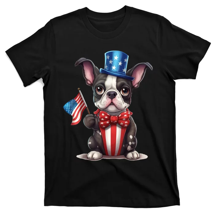 Boston Terrier Puppy Dog Holds His American Flag 4th Of July T-Shirt