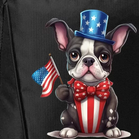 Boston Terrier Puppy Dog Holds His American Flag 4th Of July City Backpack