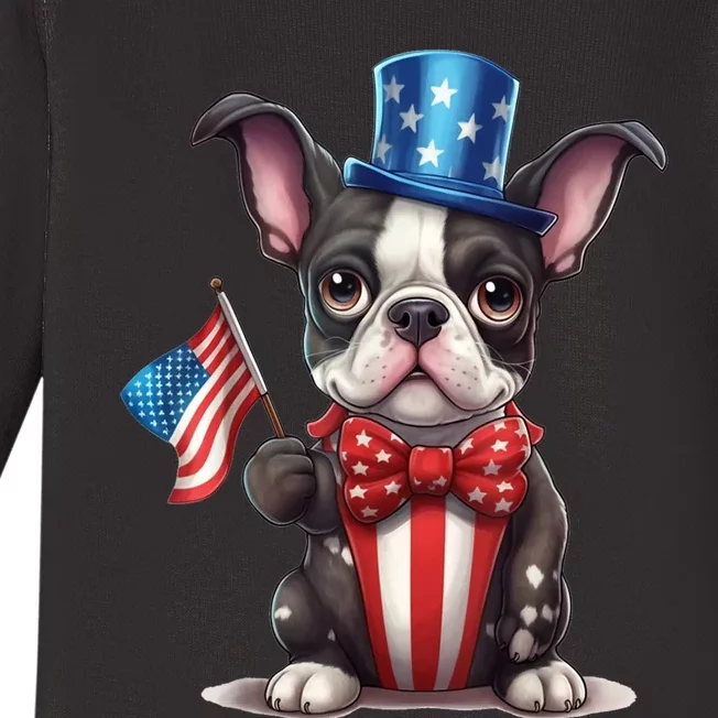 Boston Terrier Puppy Dog Holds His American Flag 4th Of July Baby Long Sleeve Bodysuit