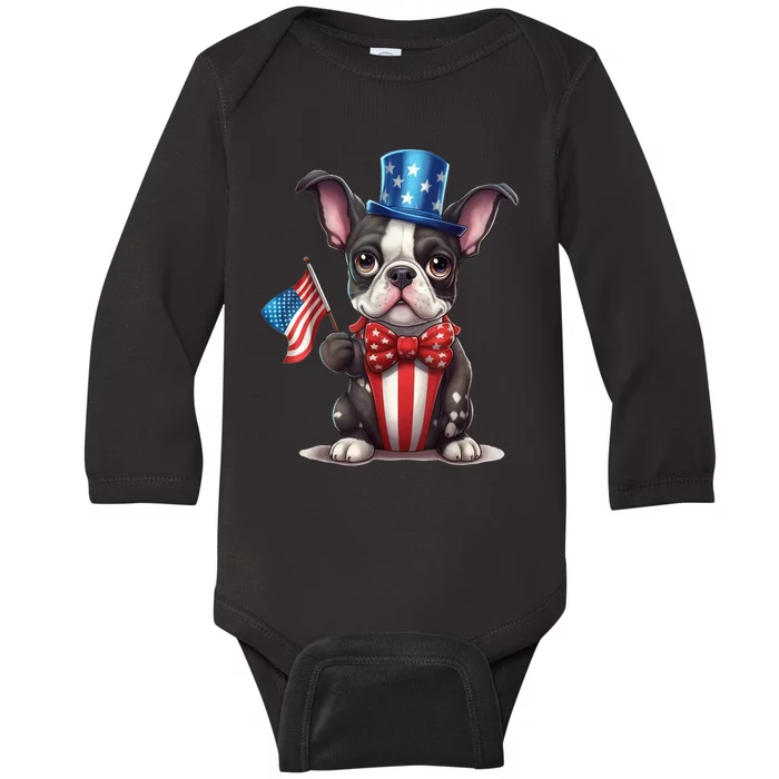 Boston Terrier Puppy Dog Holds His American Flag 4th Of July Baby Long Sleeve Bodysuit