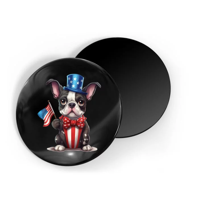 Boston Terrier Puppy Dog Holds His American Flag 4th Of July Magnet