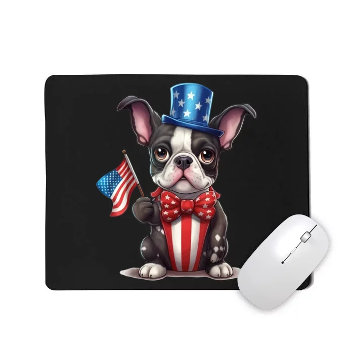 Boston Terrier Puppy Dog Holds His American Flag 4th Of July Mousepad