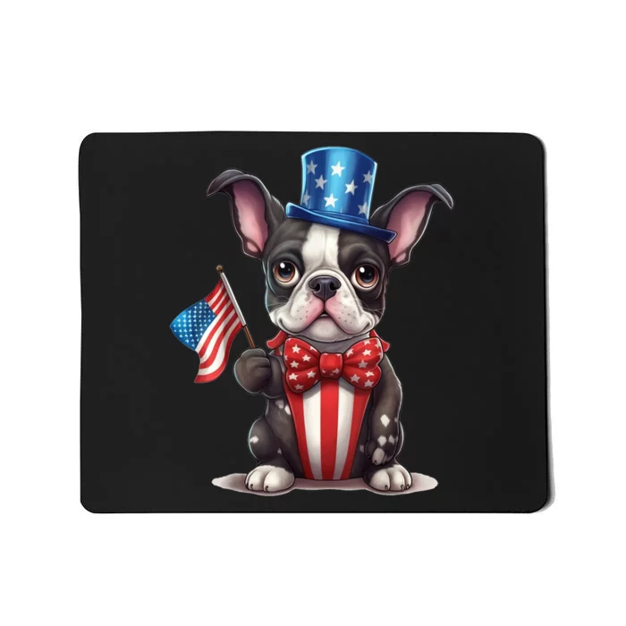 Boston Terrier Puppy Dog Holds His American Flag 4th Of July Mousepad