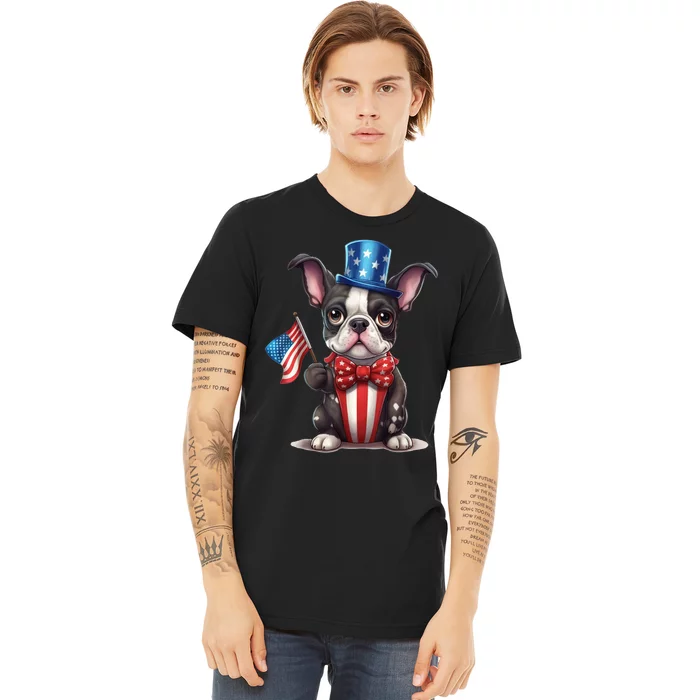 Boston Terrier Puppy Dog Holds His American Flag 4th Of July Premium T-Shirt