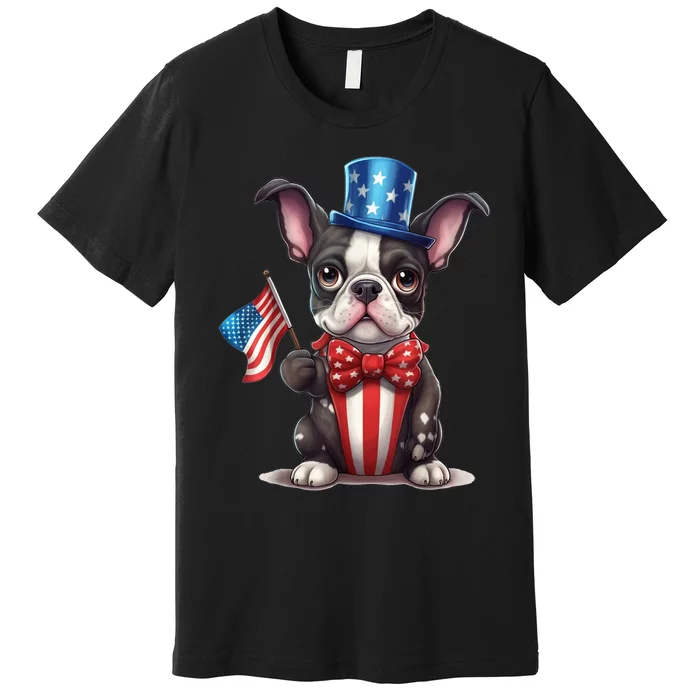 Boston Terrier Puppy Dog Holds His American Flag 4th Of July Premium T-Shirt