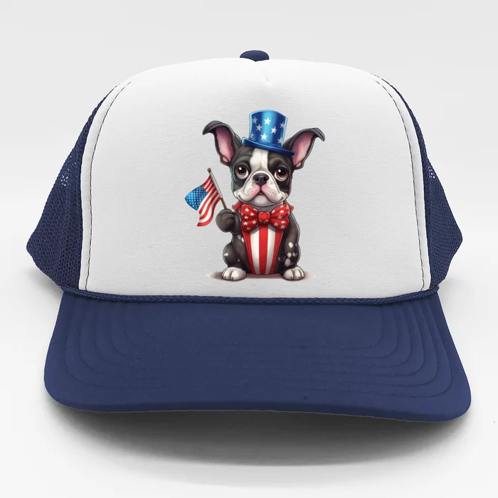 Boston Terrier Puppy Dog Holds His American Flag 4th Of July Trucker Hat