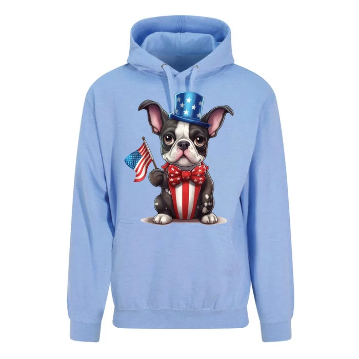 Boston Terrier Puppy Dog Holds His American Flag 4th Of July Unisex Surf Hoodie