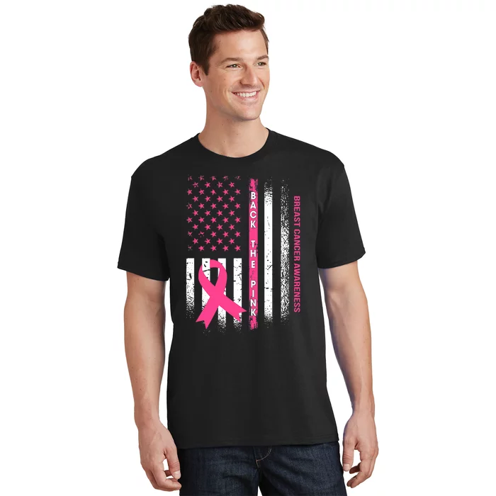 Back The Pink Ribbon American Flag Breast Cancer Awareness T-Shirt