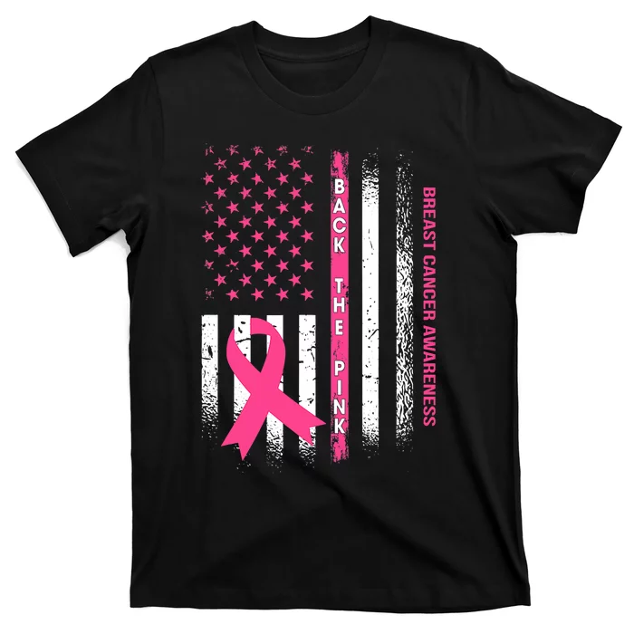 Back The Pink Ribbon American Flag Breast Cancer Awareness T-Shirt