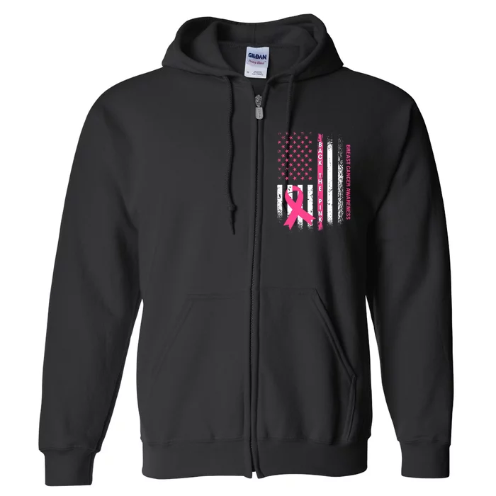 Back The Pink Ribbon American Flag Breast Cancer Awareness Full Zip Hoodie