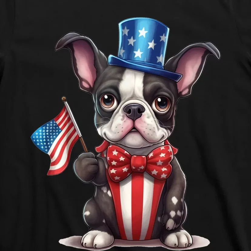 Boston Terrier Puppy Dog Holds His American Flag 4th Of July T-Shirt