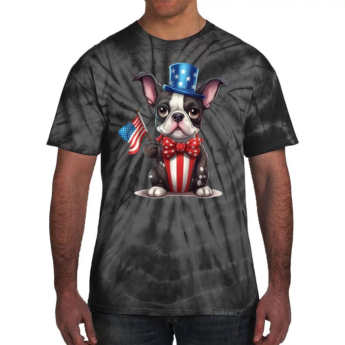 Boston Terrier Puppy Dog Holds His American Flag 4th Of July Tie-Dye T-Shirt