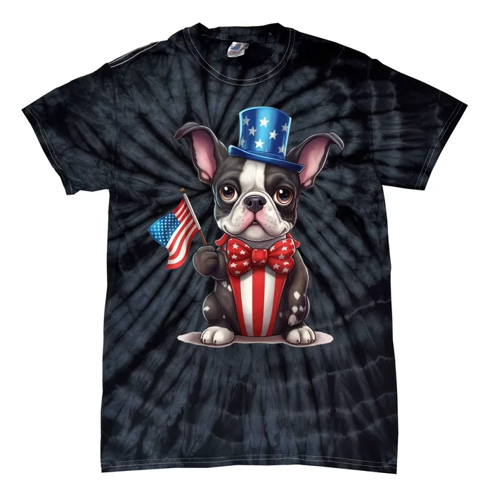 Boston Terrier Puppy Dog Holds His American Flag 4th Of July Tie-Dye T-Shirt