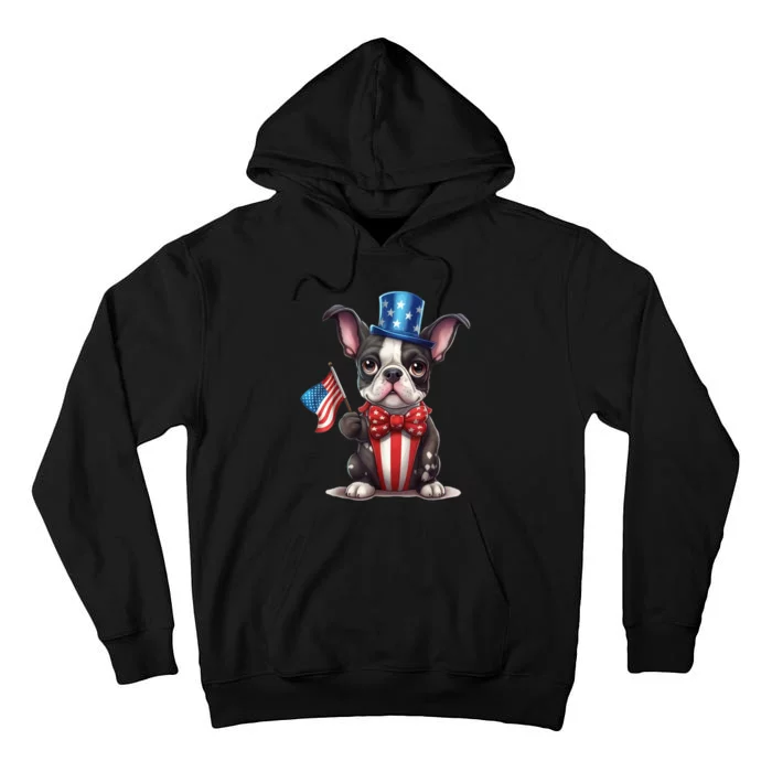 Boston Terrier Puppy Dog Holds His American Flag 4th Of July Tall Hoodie