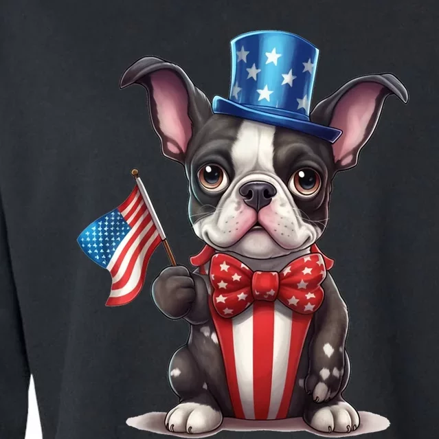 Boston Terrier Puppy Dog Holds His American Flag 4th Of July Cropped Pullover Crew