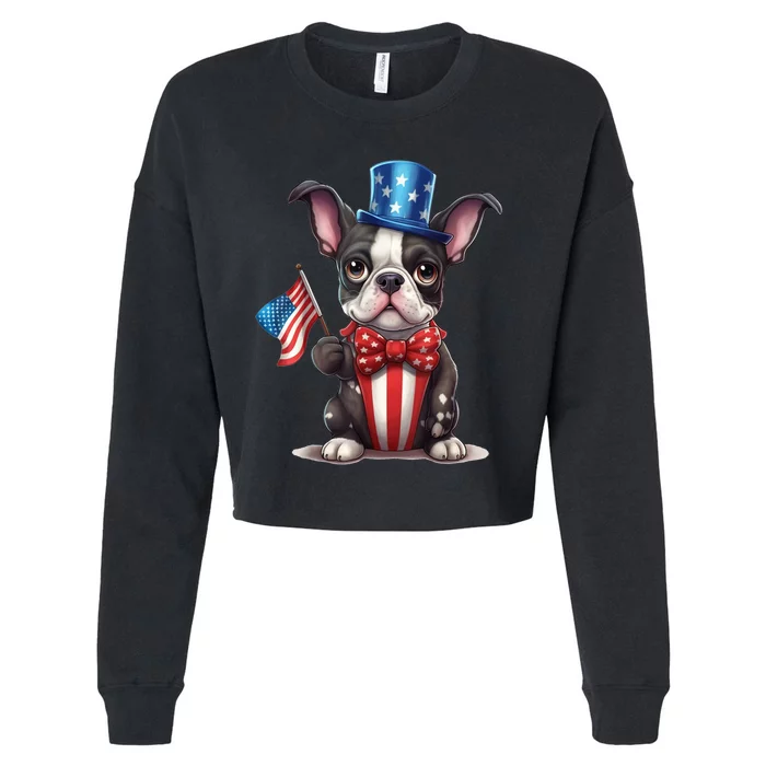 Boston Terrier Puppy Dog Holds His American Flag 4th Of July Cropped Pullover Crew