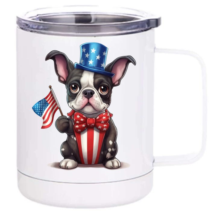 Boston Terrier Puppy Dog Holds His American Flag 4th Of July Front & Back 12oz Stainless Steel Tumbler Cup