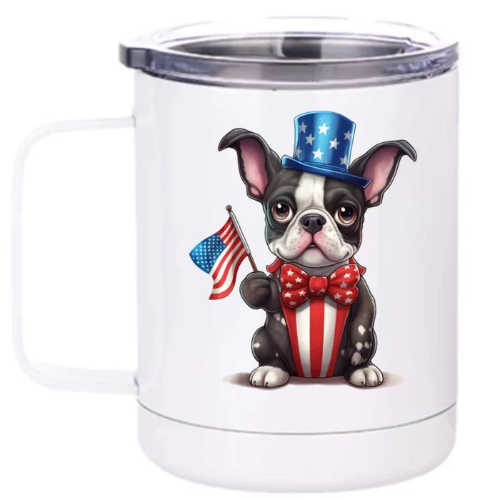 Boston Terrier Puppy Dog Holds His American Flag 4th Of July Front & Back 12oz Stainless Steel Tumbler Cup