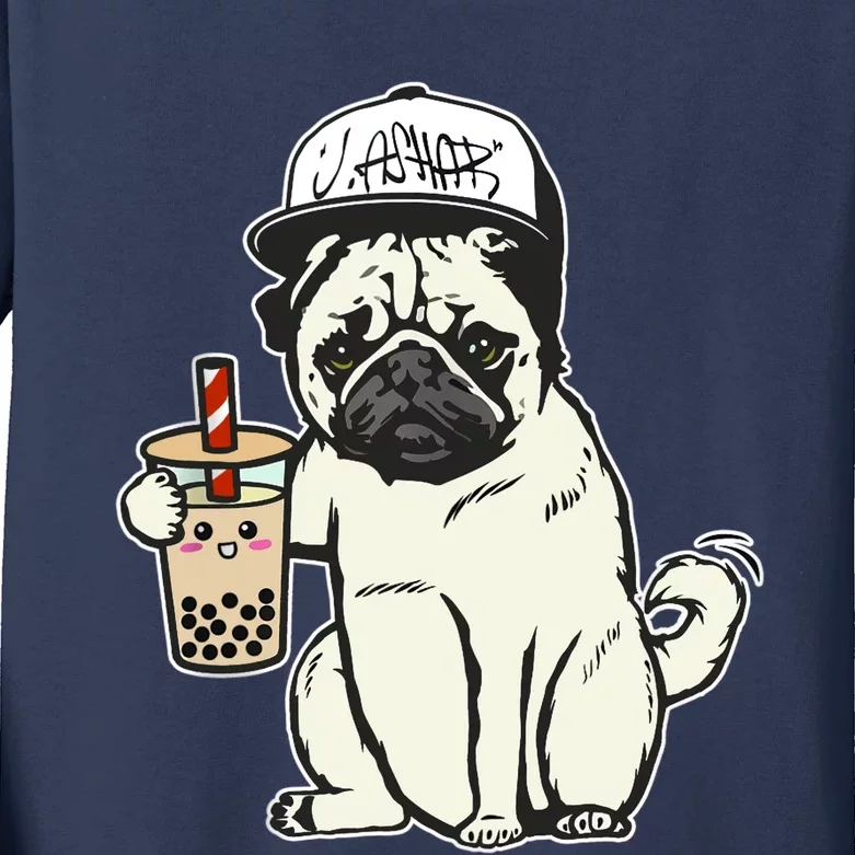 Babu the Pug Dog Drinking Bubble Tea, Justin Ashar Snapback Tank Top Kids Long Sleeve Shirt