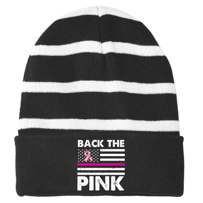 Back The Pink Breast Cancer Awareness Thin Line Striped Beanie with Solid Band