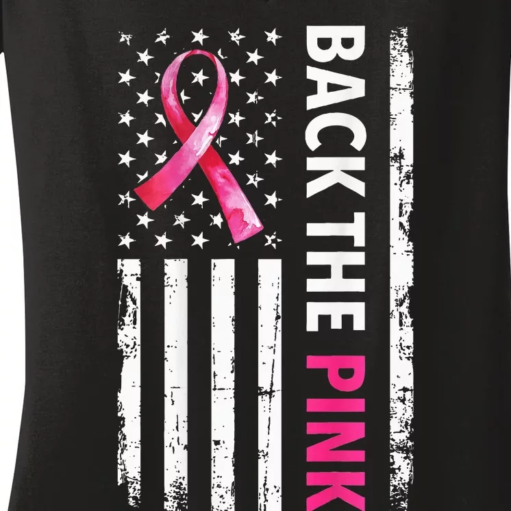 Back The Pink Ribbon Flag Breast Cancer Awareness Women's V-Neck T-Shirt