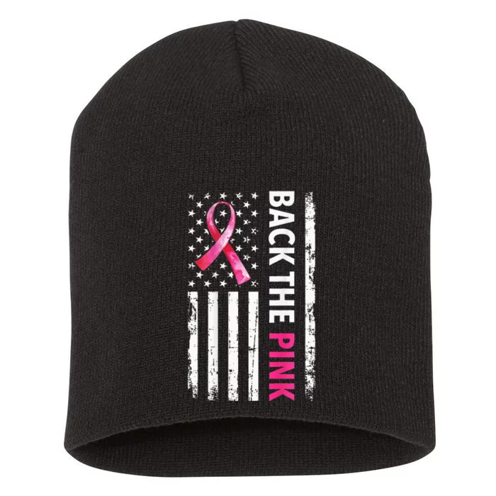 Back The Pink Ribbon Flag Breast Cancer Awareness Short Acrylic Beanie