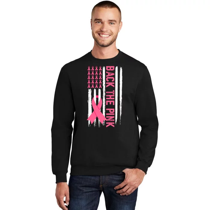 Back The Pink Ribbon Usa Flag Breast Cancer Awareness In October We Wear Pink Tall Sweatshirt