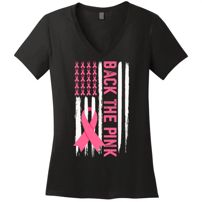 Back The Pink Ribbon Usa Flag Breast Cancer Awareness In October We Wear Pink Women's V-Neck T-Shirt